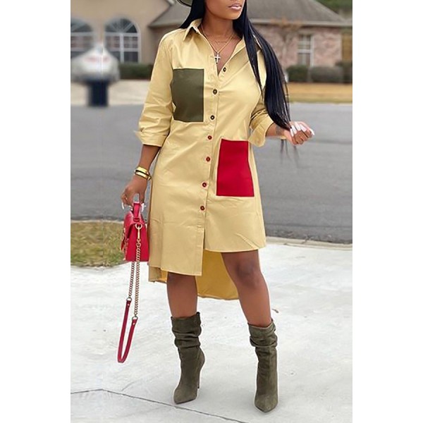 Lovely Casual Color-lump Patchwork Yellow  Mid Calf Dress