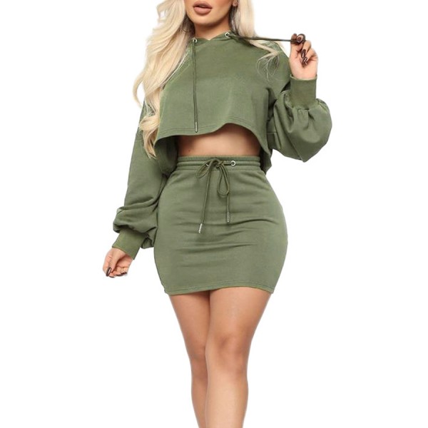 Lovely Casual Hooded Collar Crop Top Green Two-piece Skirt Set