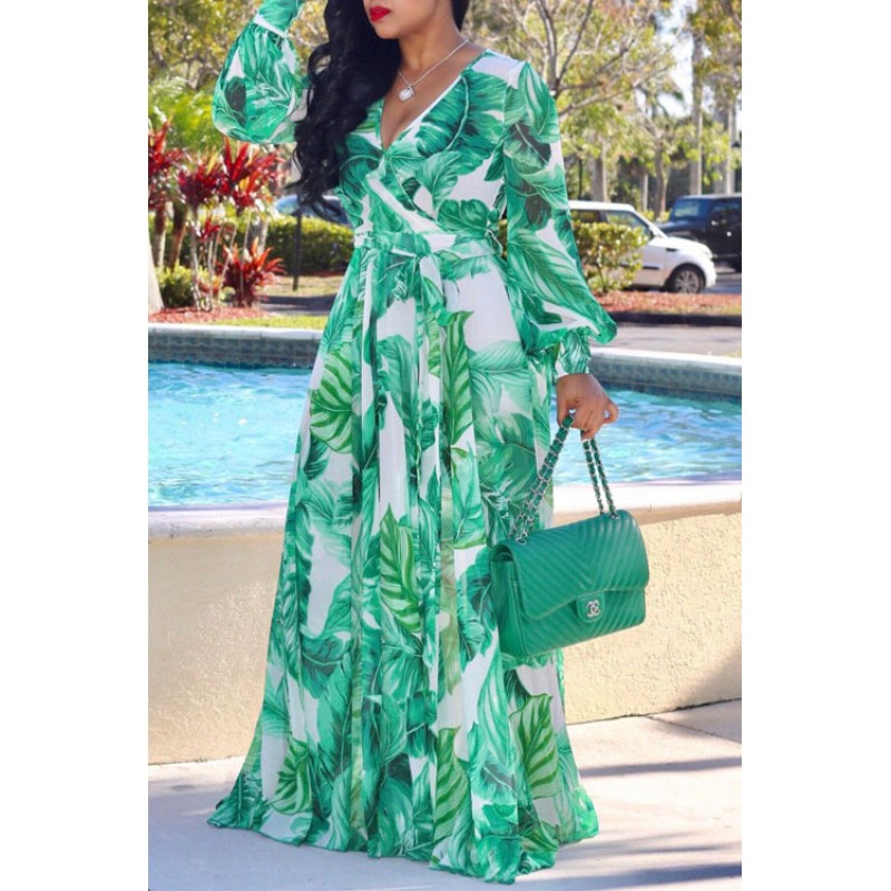 Lovely Bohemian V Neck Long Sleeves Floral Printed Green Chiffon Floor Length Dress