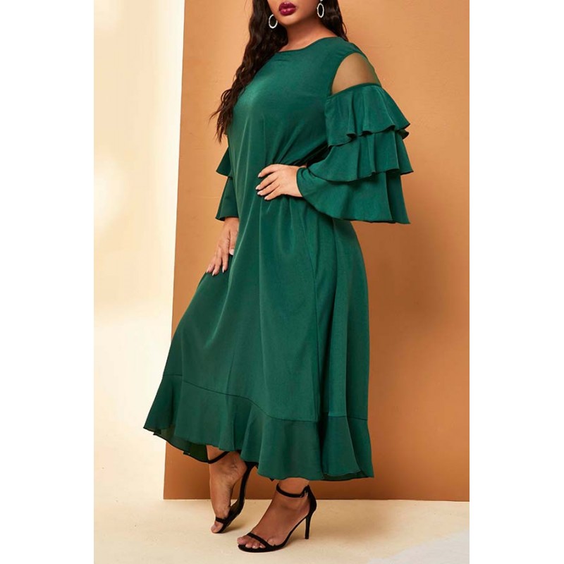 Lovely Casual Flounce Patchwork Green Ankle Length Plus Size Dress