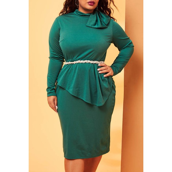 Lovely Casual Flounce Deep Green Mid Calf Plus Size Dress(Without Belt)