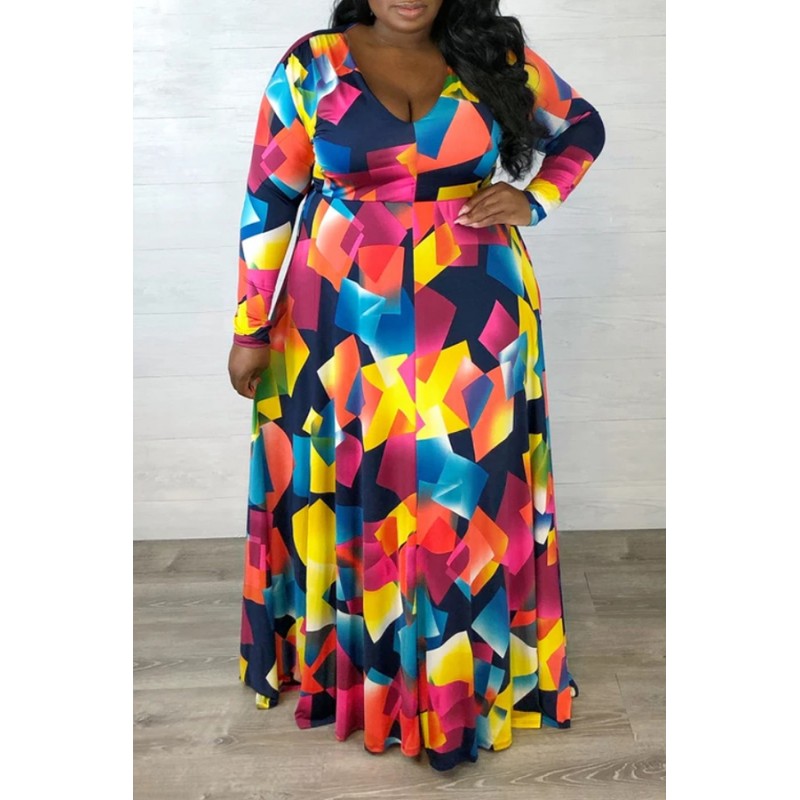 Lovely Casual Geometric Printed Multicolor Plus Size Dress