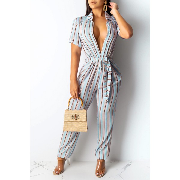 Lovely Casual Deep V Neck Striped Multicolor One-piece Jumpsuit
