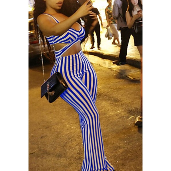 Lovely Casual V Neck Striped Blue Twilled Satin One-piece Jumpsuit