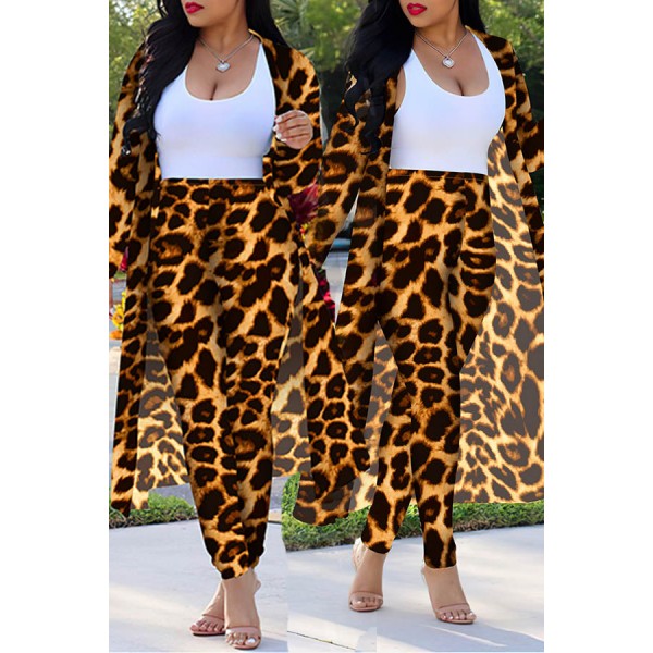 Lovely Casual Leopard Printed Yellow Plus Size Two-piece Pants Set(Without Tank Top)