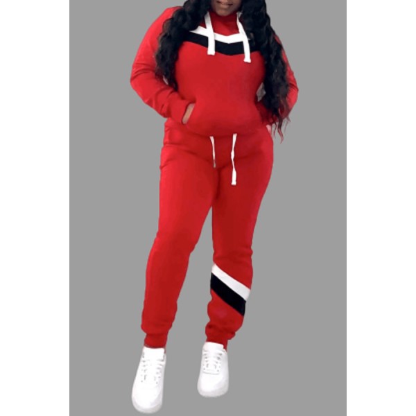 Lovely Casual Hooded Collar Patchwork Red Plus Size Two-piece Pants Set
