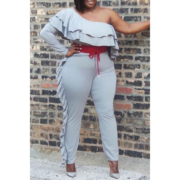 Lovely Casual One Shoulder Flounce Grey Plus Size One-piece Jumpsuit