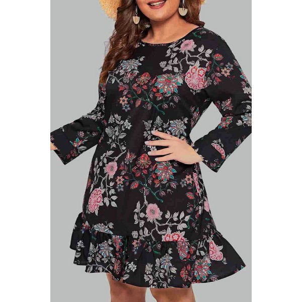 Lovely Casual O Neck Printed Black Knee Length Plus Size Dress