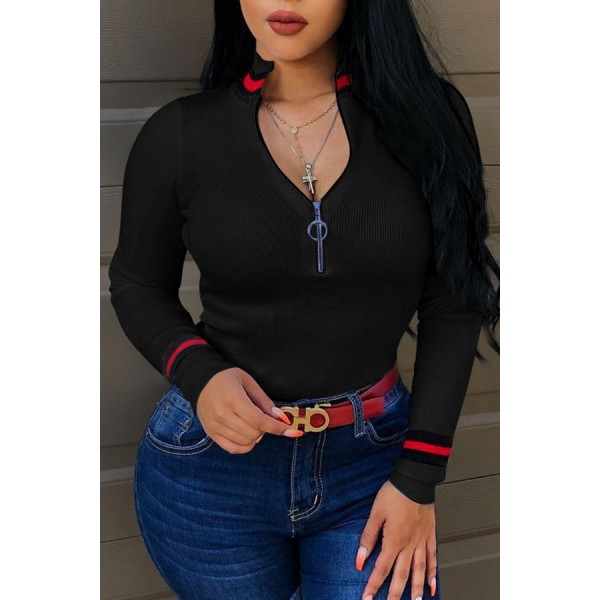 Lovely Casual Bust Zippers Black Sweaters