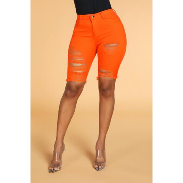 Lovely Casual Broken Holes Orange Shorts