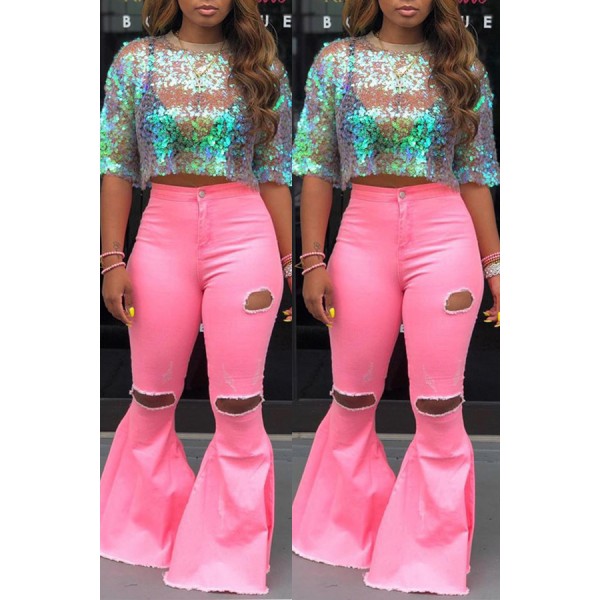 Lovely Casual Mid Waist Broken Holes Pink Pants