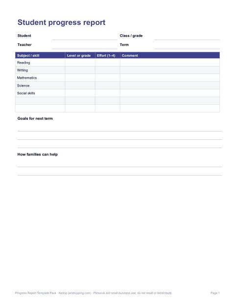 Preview of the first page of Student progress report