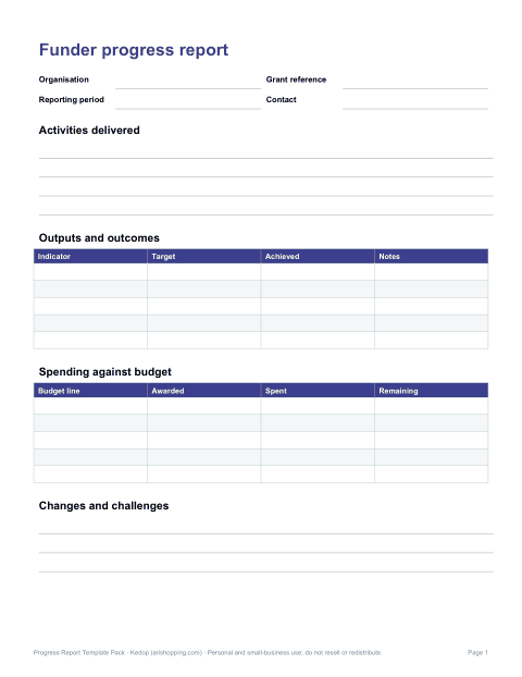 Preview of the first page of Grant / funder progress report